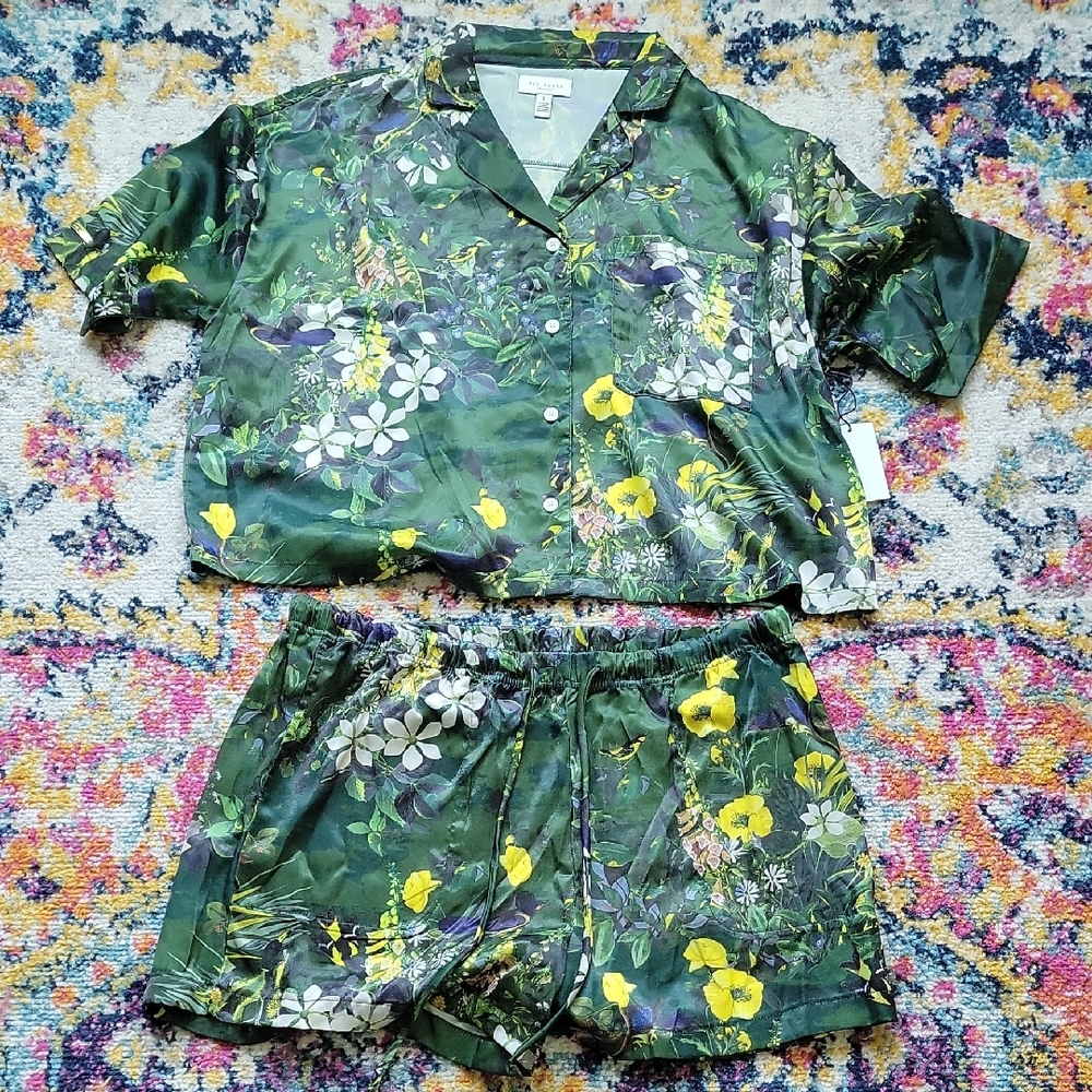 Ted Baker Dark Green Floral Satin Pajama Set